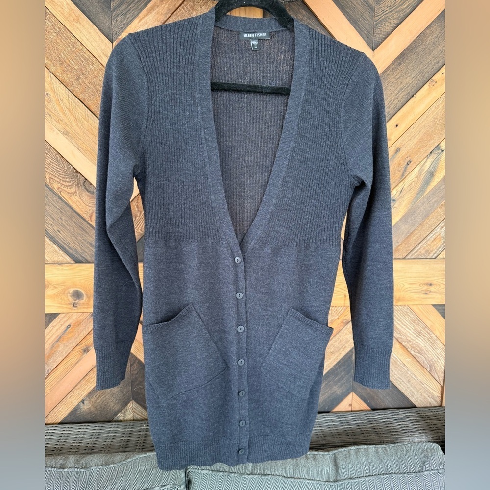 Eileen Fisher Deep Gray Lightweight Wool Cardigan XS - Picture 2 of 8